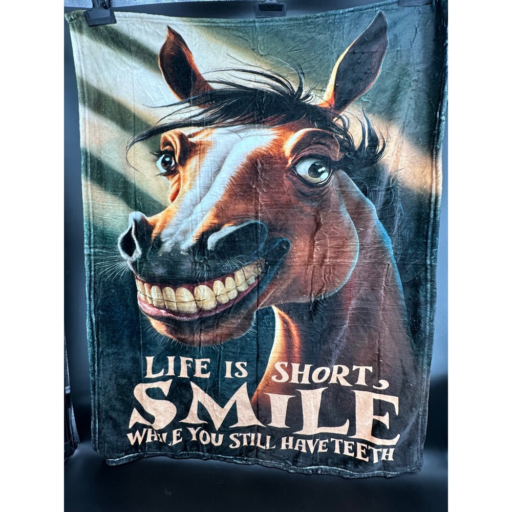 Funny Horse Throw Blanket – "Life is Short, Smile While You Still Have Teeth"